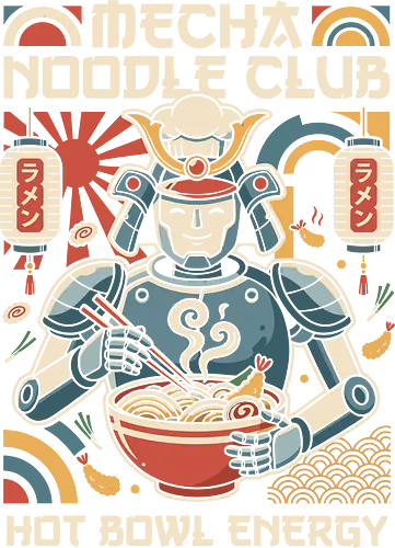 Samurai Ramen Energy - mecha ramen shirt, samurai robot graphic, retro anime streetwear, Japanese food apparel, cyber ninja tee, vintage noodle club merch, otaku foodie clothing, hot bowl energy design, sci-fi ramen poster, anime cyberpunk fashion